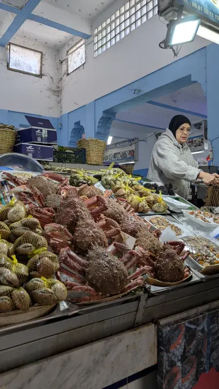 Seafood stall with fresh crabs and shellfish at market